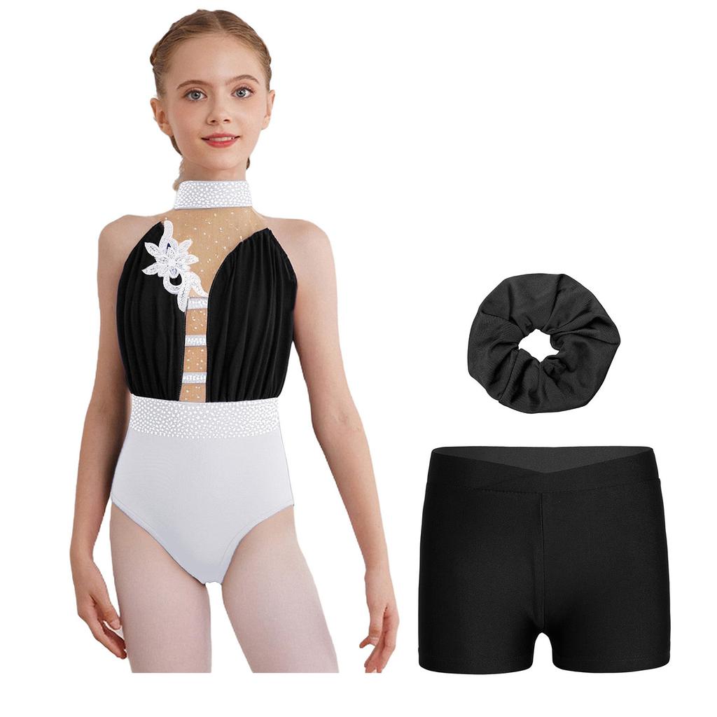 Girls Gymnastics Dance Outfit Sleeveless Keyhole Back Rhinestones Leotard V Waistband Shorts Hair Tie