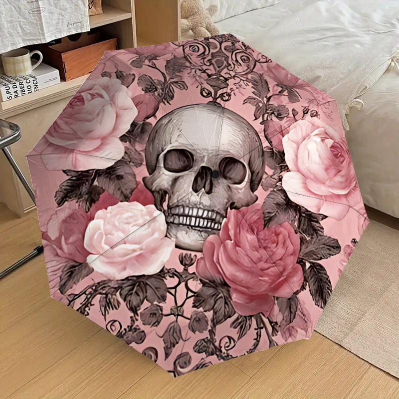 1PC Skull FlowersUmbrella-8-Rib Reinforced, Automatic Open, Lightweight & Durable, Cute Fashion Accessory for Outdoor-P210