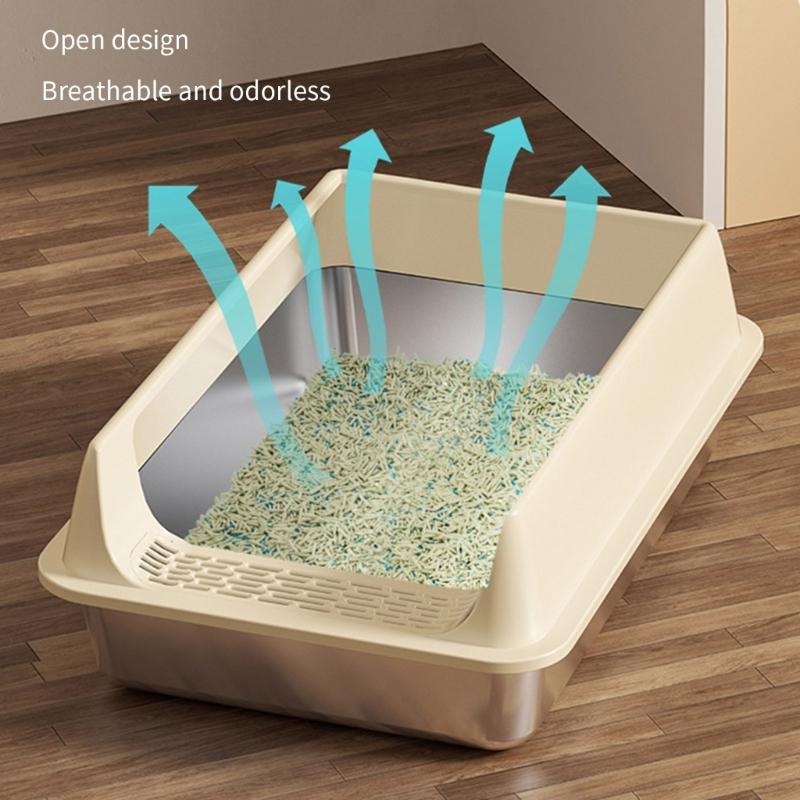 Large Half Enclosed Cats Litter Pan Stainless Steel AntiSplash Design Ventilation Litter Tray for Indoor Outdoor Cats