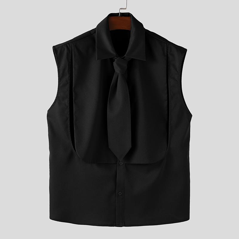 

INCERUN Men Lapel Tie Neck Sleeveless Buttons Cutout Casual Shirts Tank Tops чёрный