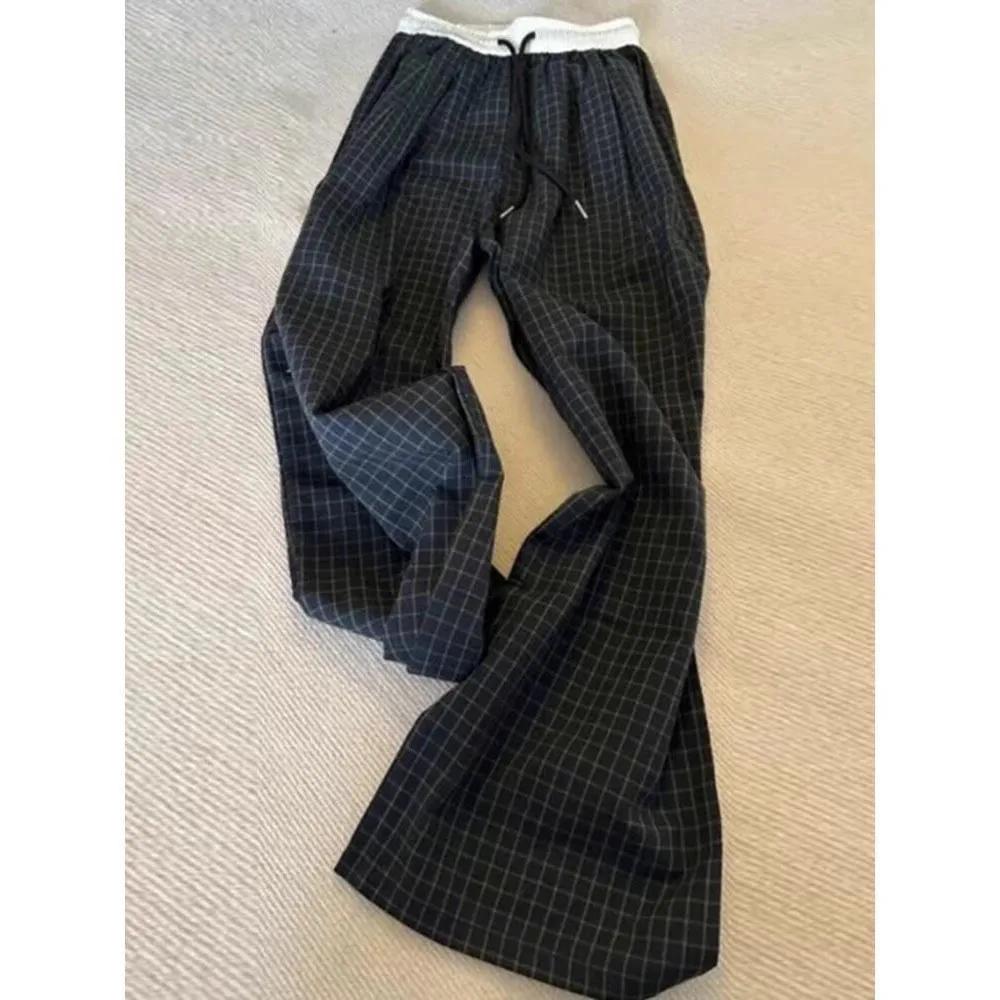 Women 2026 Autumn Harajuku Plaid Wide Leg Trousers Vintage Grunge Loose Knitted Casual Pants Y2K Aesthetic Straight Pants