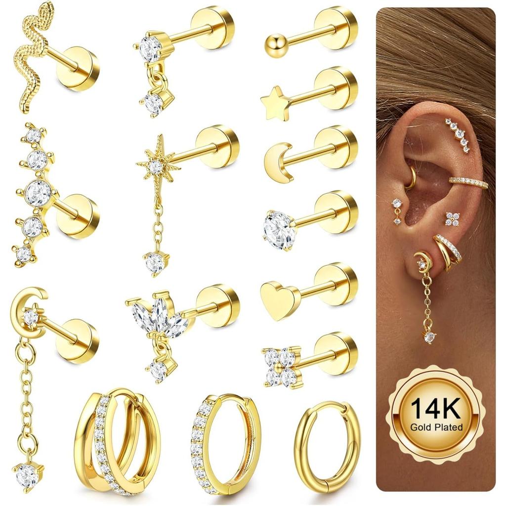 Bobisty Surgical Steel Flat Back Earrings for Women Helix Stud Hoop Earrings Cartilage Earrings Tragus Helix Piercing Jewelry