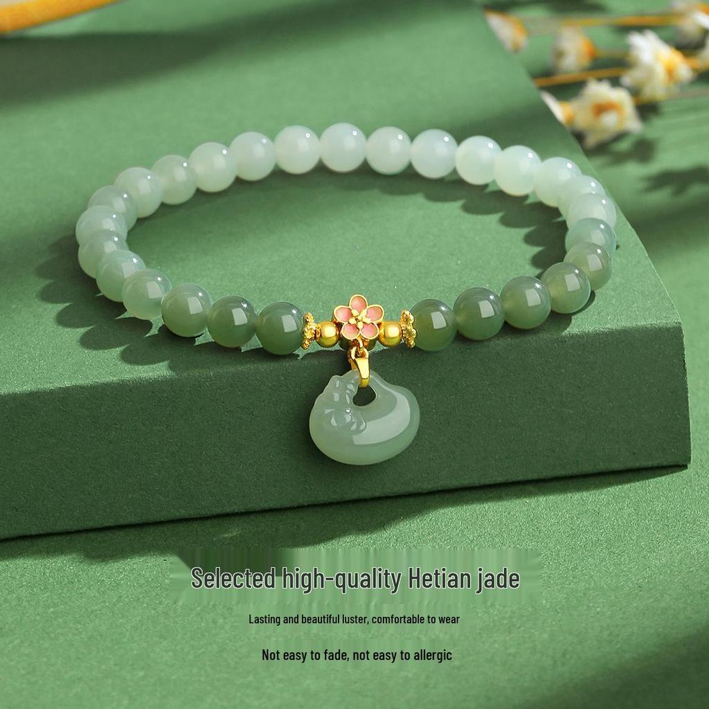 Gradient Green Ferris Wheel Jade & Enamel Flower Bracelet, Women’s S925 Sterling Silver, National Style