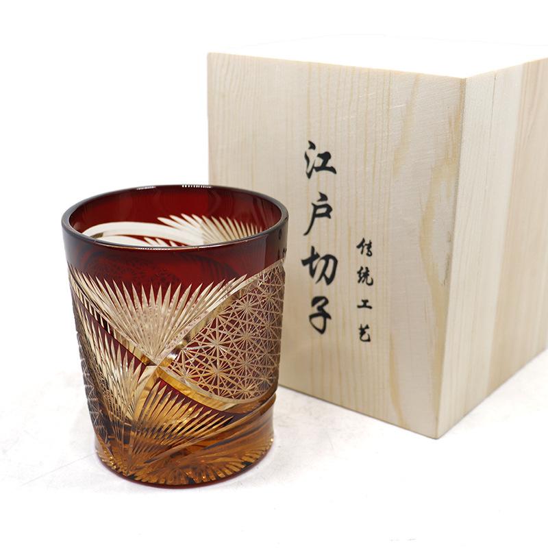 Jinzhi Japanese Edo Cut Crystal Glass Whiskey Wine Glass Engraved Fan Cup Retro Cup Gift Box