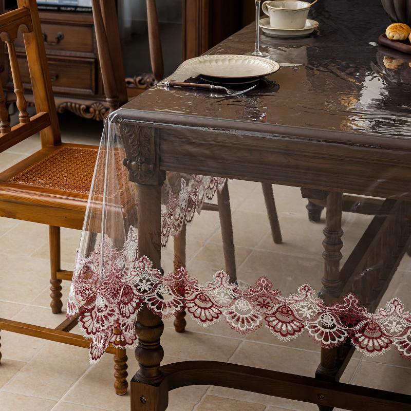 Transparent Soft Glass Dining Table Cloth Embroidered Lace Coffee Tablecloth Square Waterproof Oil Resistant Heat-resistant Table Mat
