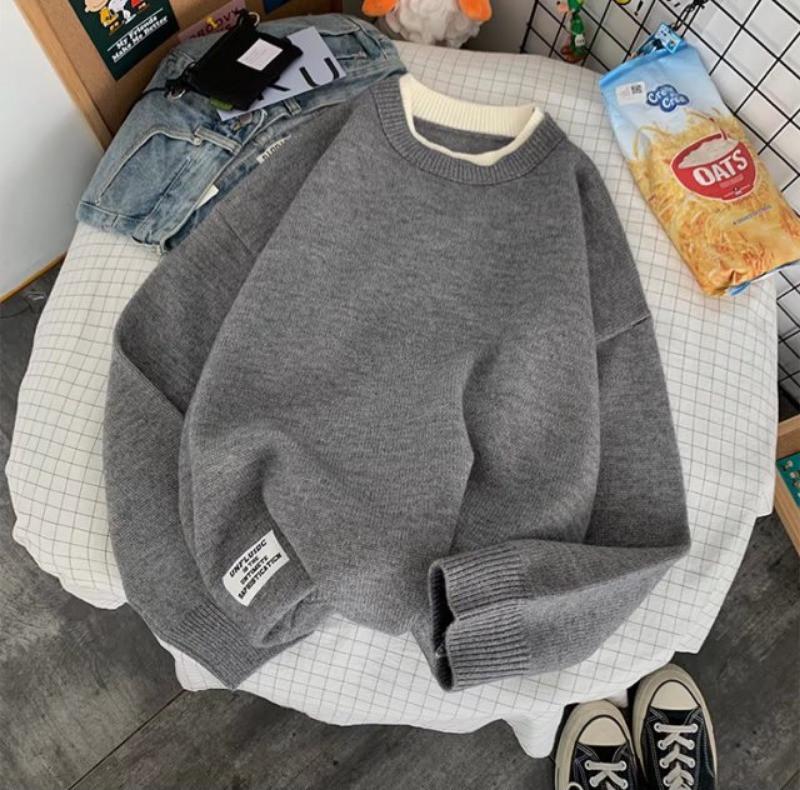 Pánský svetr ve stylu falešného dvoudílného svetru, volný a ležérní ve stylu Hongkongu, nový svetr s kulatým výstřihem, studentský svetr v korejském stylu