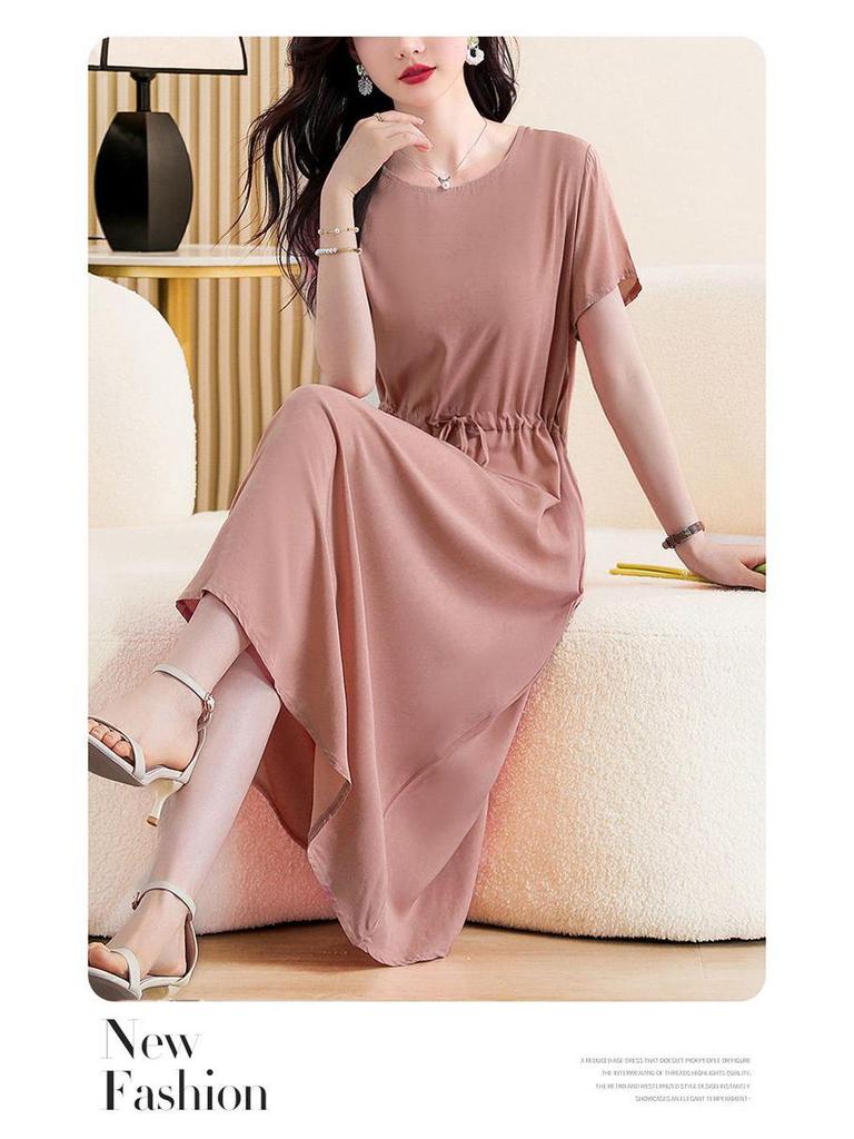Fashionable Cotton Silk Plus Size Dress with Pockets for Middle-Aged and Elderly Women