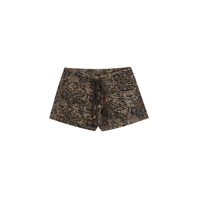 

Plus Size Leopard Print Low Waist European and American Lace up Denim Shorts Female 2024 New Arrival Summer Sexy Fancy Outerwear Hot Pants Leopard print L