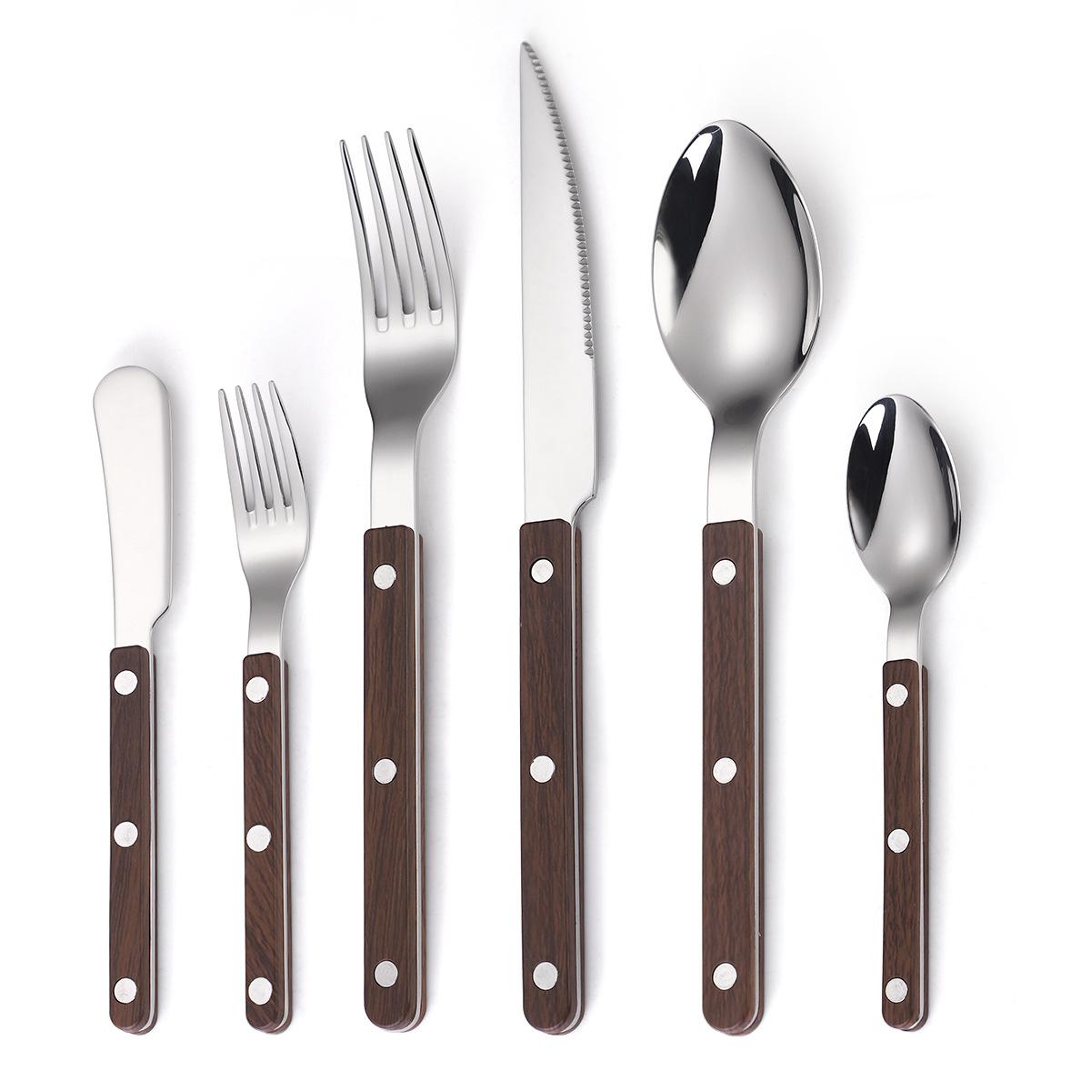 

Набор столовых приборов из нержавеющей стали 304, нож в стиле вестерн, вилка, ложка, нож для стейка, ручка-зажим с тремя гвоздями YSH-20-6PS коричневый