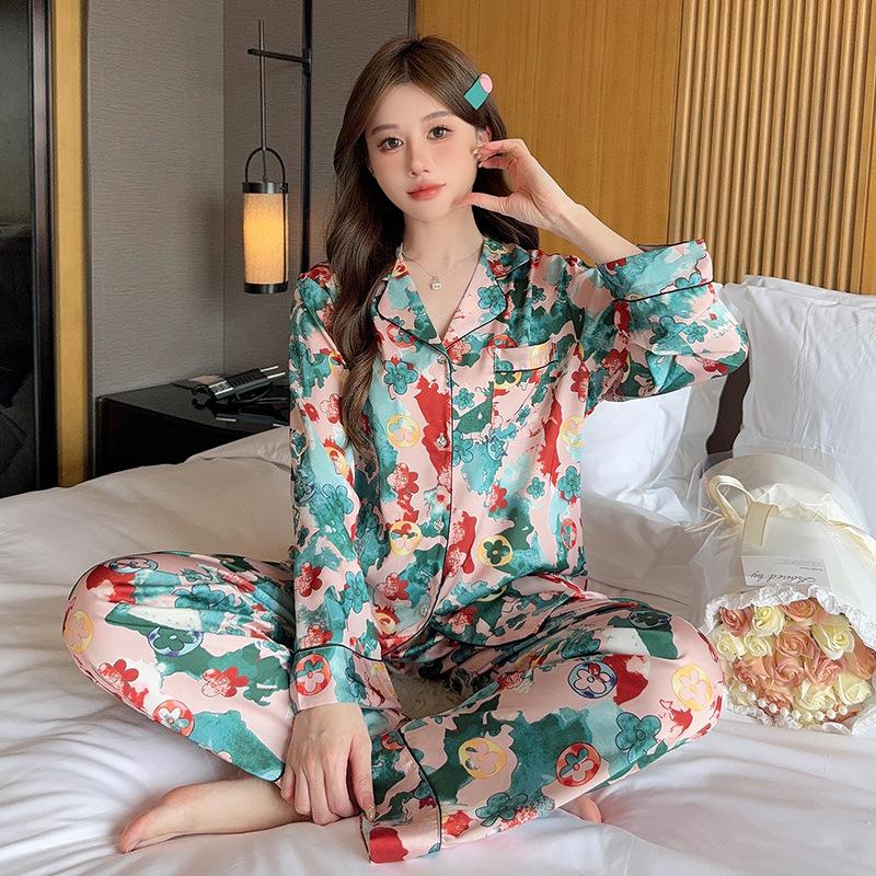

Женская атласная пижама с длинным рукавом и длинными штанами, пижамный комплект с принтом, пижама с лацканами, повседневная домашняя одежда XL