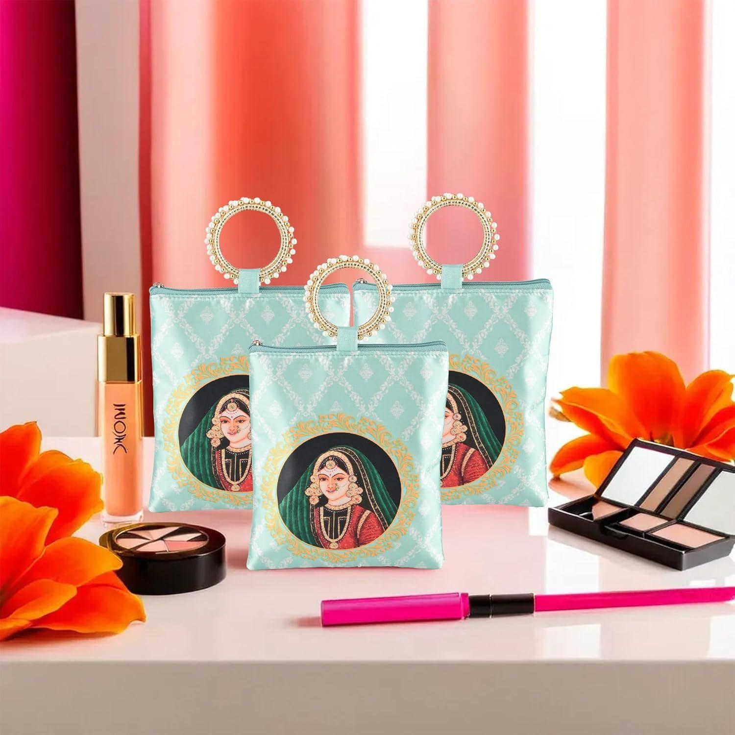 

3 Pcs Silk Small Hand Bags for Women Stylish with Zip & Handle | Traditional Handheld Bags for Women | Ethnic Ladies Purse Handbag for Return Gifts