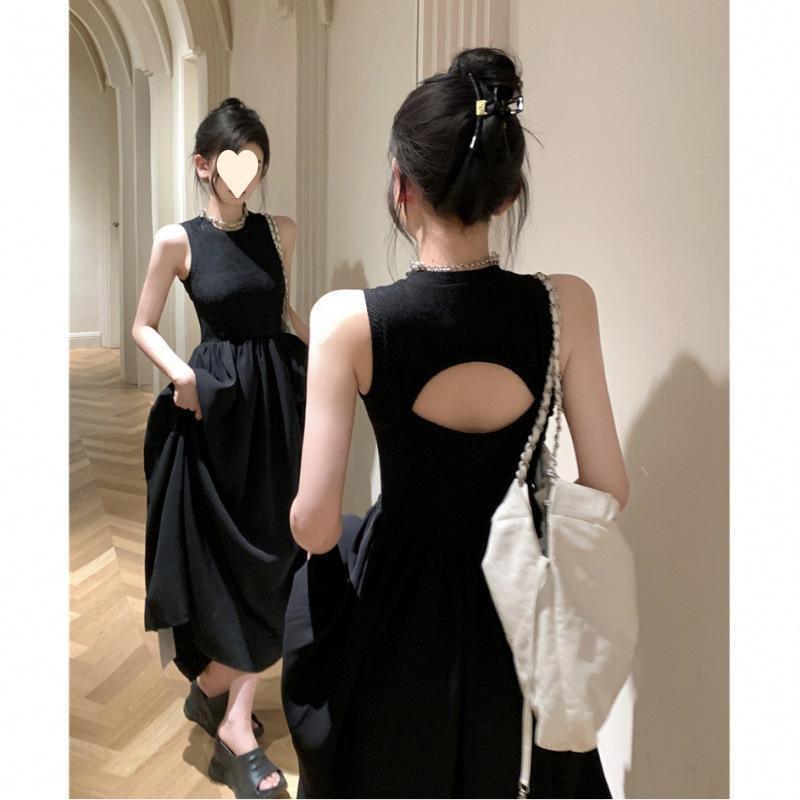 Retro high-end sense chic waist long dress temperament sleeveless design sense back hollow dress women M