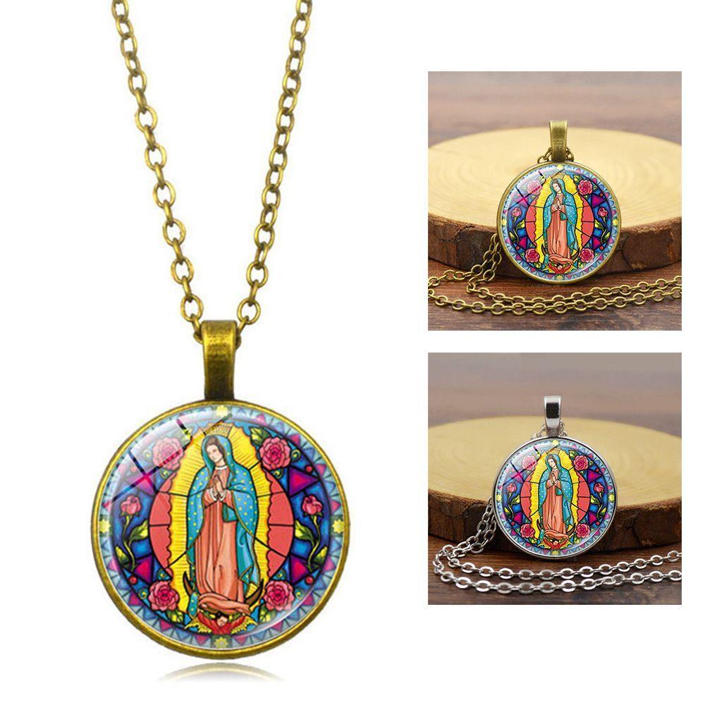 

Metal Long Chain Religious Necklace Cabochon Time Gem Glass Pendant Necklace Virgin Mary Pattern