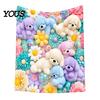 Soft Texture Blanket for Couch Teddy Bear Floral Print Blanket, Super Plush Throw Cute Bunny Rabbit Decorative Puppy Pattern, Cozy Flannel Bedroom