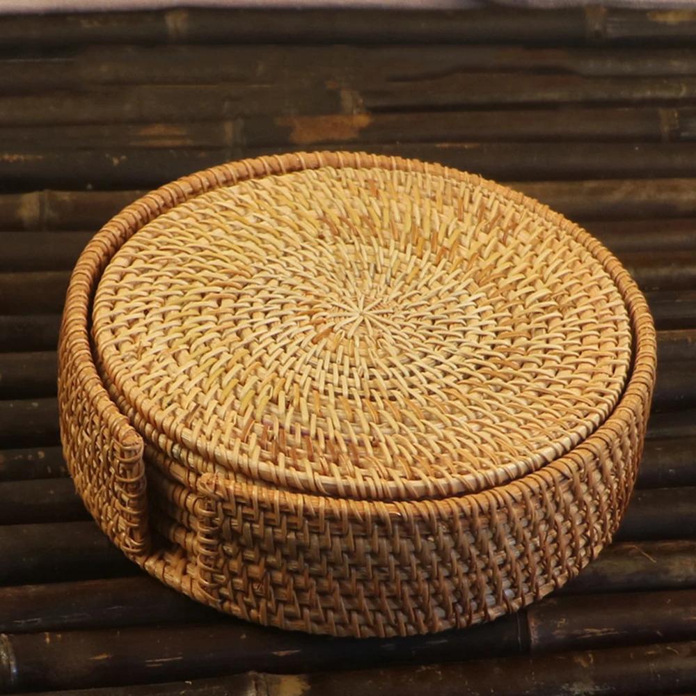 Retro Rattan Coaster Table Natural Woven Rattan Cup Coaster Drink Mug Pot Tea Coffee Placemat Handmade Kitchen Accessories