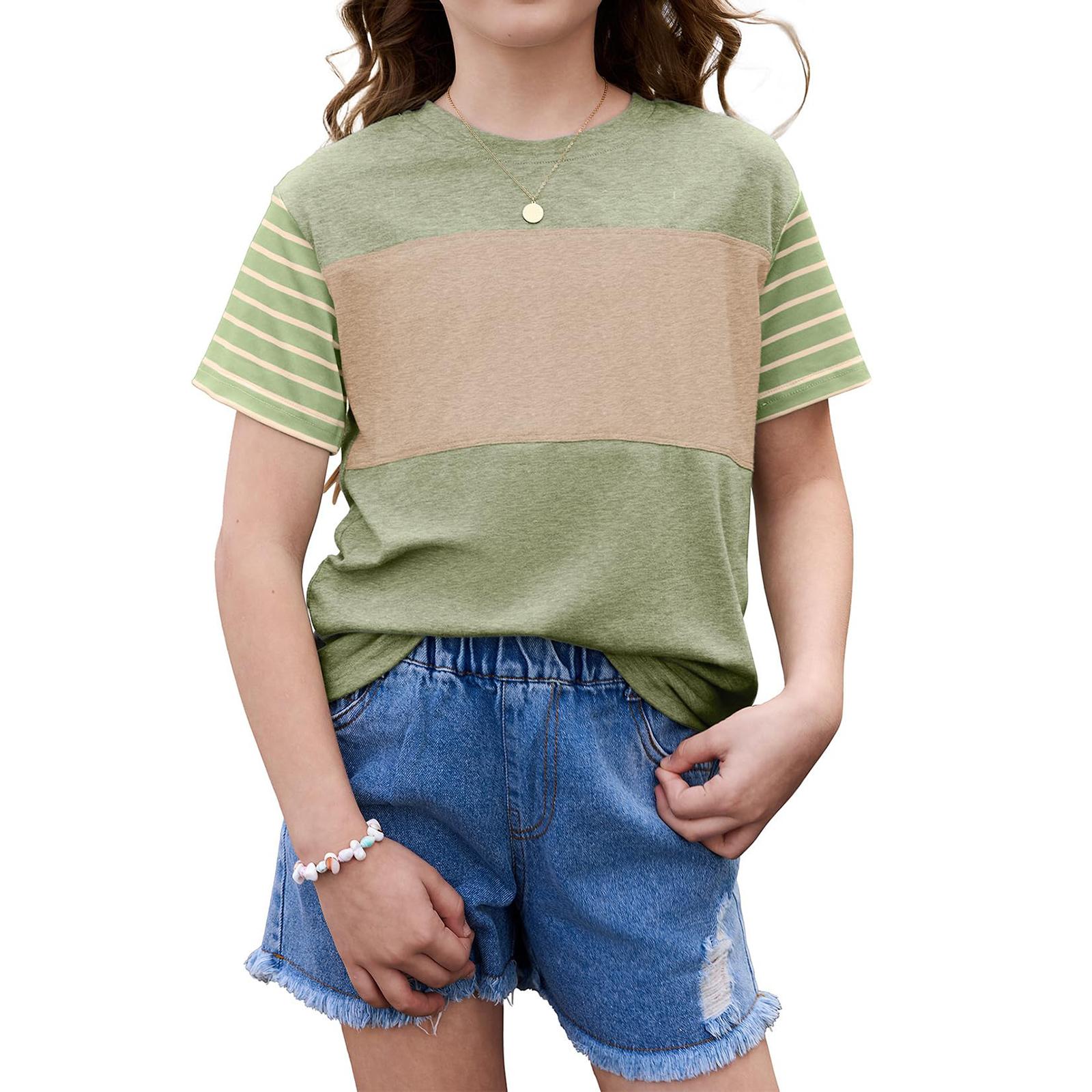 Children s Casual Loose Top Summer Short Sleeve Color-Blocked Top 100 армия зеленый