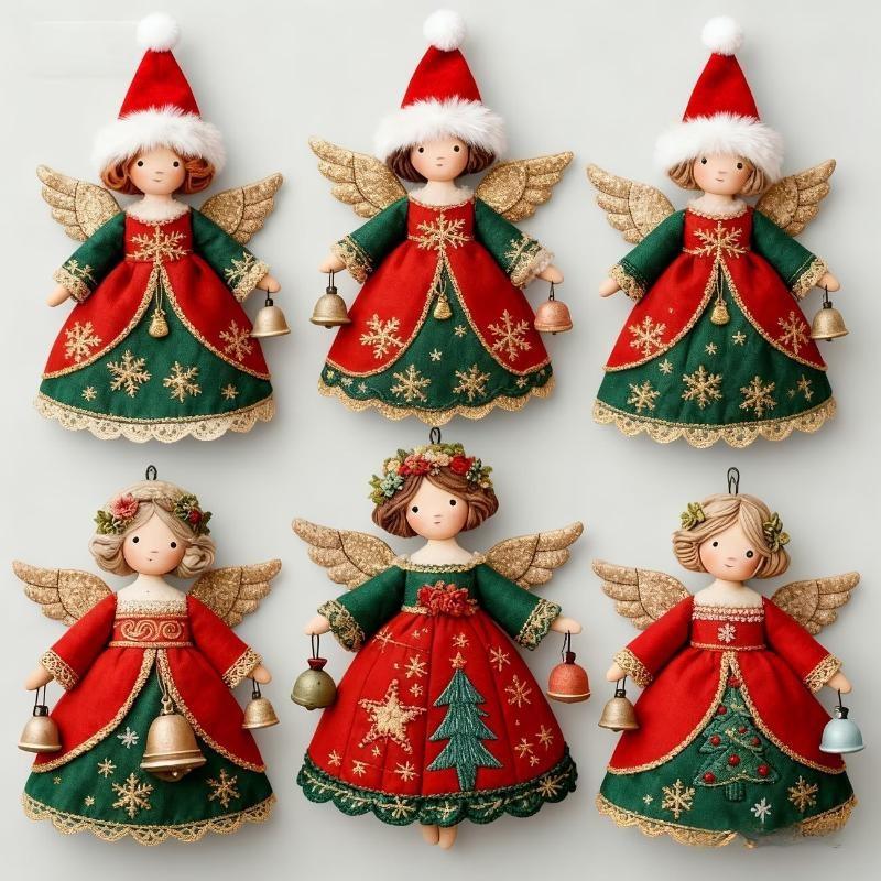 6Pcs Vintage Christmas Angel Hanging Ornaments With Delicate Embroidery Small Bells For Holiday Party Home Decor