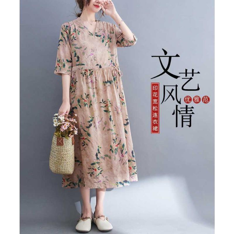 Plus Size V-ringad Långklänning Etniskt Tryckta Delade Ärmar Lös Midja Knytdetalj Klänningar