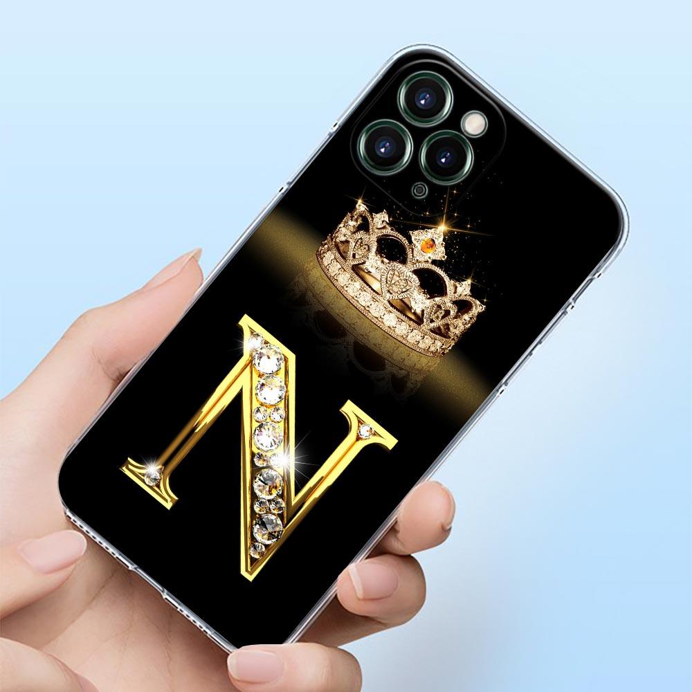 Diamond Crown First Initials Letter N T Z Shell Case for iPhone 15 16 11 12 13 14 Pro Max Mini 16 Plus Transparent Cover Fundas