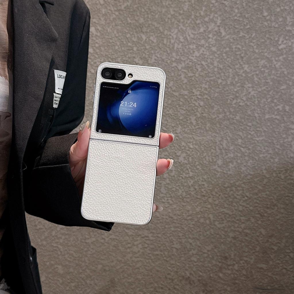 Suitable for Samsung Z Flip7 Mobile Phone Case Z Flip4 5 6 Metal Paint Lychee Leather Pattern Folding Protective Cover