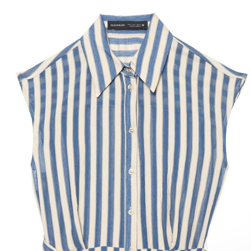 Womens 2026 Striped Sleeveless Shirt Dress With Detachable Waist Belt High-Waisted Straight-Cut Midi Casual