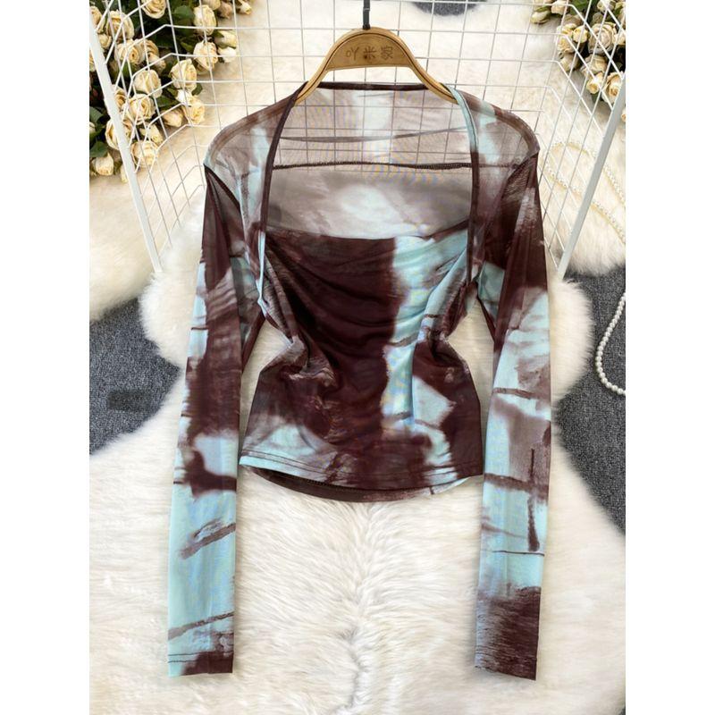 Long Sleeve Square-Neck Tie Dye Mesh Sunscreen Slim Fit Fake Two-Piece