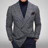 Men's Double Breasted Gray and White Checkered Wool Blend Suit Jacket with Black High Neck Sweater