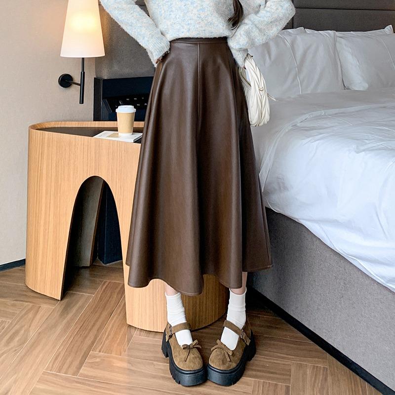 Fashionable A-line Skirt for Women Leather Skirts High Waist Knee-length Skirt