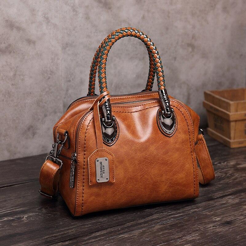 Johnature Oil Wax Leather Women Bag Retro Portable Handbag Solid Color Fashion Large Capacity Shoulder & Crossbody Bags