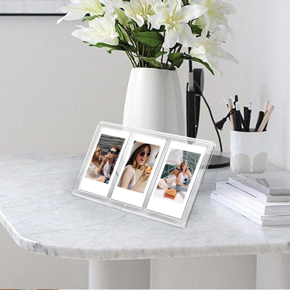 A Transparent Triple Photo Frame for three TAX mini photos. Transparent creative display photo frame for 3-inch photos.