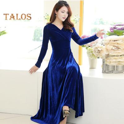 Velvet Maxi Dress for Women V Neck Party Ankle-length Long Dress A-Line Solid Color Evening Gown for Wedding Cocktail Party