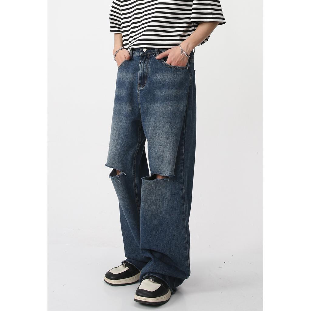 Pantaloni Denim Casual a Vita Medio Alta da Uomo Primavera Nuovo Prodotto Larghi e Semplici con Strappi Jeans Edizione Coreana
