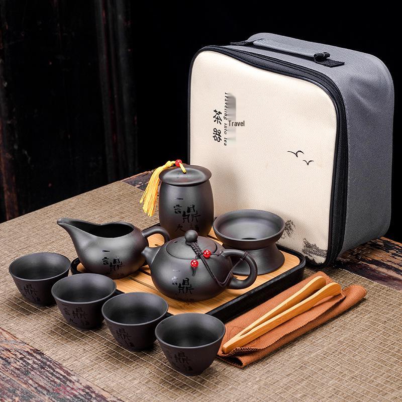 Portable Purple Clay Xishi Teapot Set with Leather Bag and Tea Tray for Home, Travel, or Business