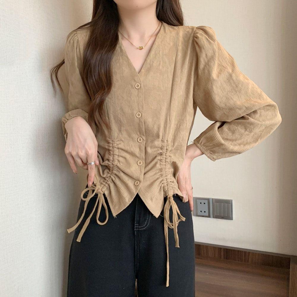 Loose Long Sleeve Shirts V-neck Ladies Shirt Top Sweet Lace-up Drawstring Blouse  Girls