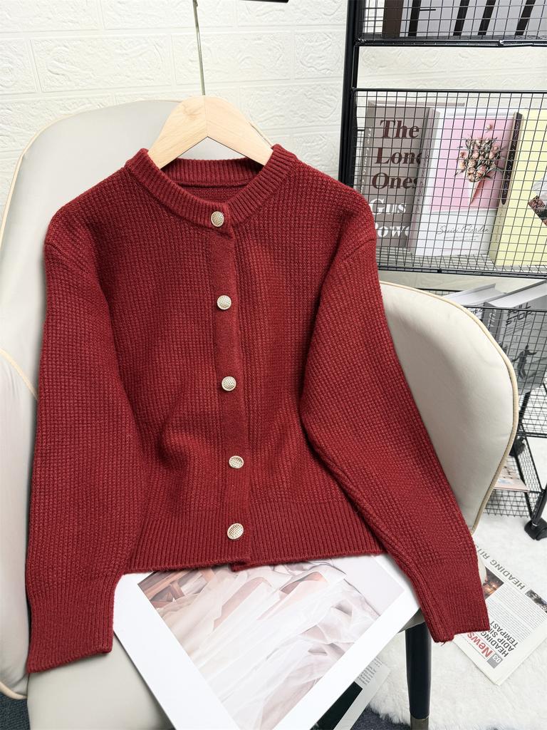 Beige Short Knit Cardigan with Gold Buttons