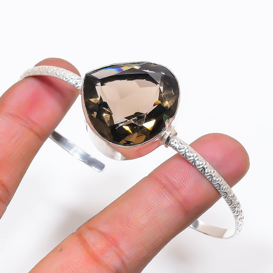 Natural Smoky Topaz Gemstone 925 Sterling Silver Cuff Bangle Adjustable AC-1420