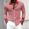 Men's Long-sleeved Collared Shirt with Black and White Vertical Stripes, Contrasting Collar and Cuff Design