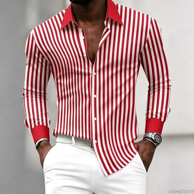 Men's Long-sleeved Collared Shirt with Black and White Vertical Stripes, Contrasting Collar and Cuff Design