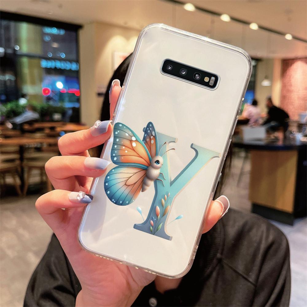 For Samsung Galaxy S10 Plus S10+ S10e Silicone Cover Transparent Clear Samsung s10 Cute Blue Butterfly Flower Letters Phone Case