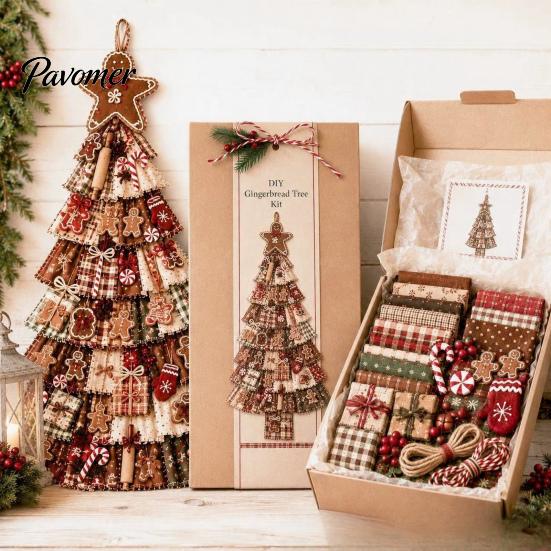 Cadeau d'artisanat de Noël pour adultes Kit d'arbre patchwork surdimensionné à faire soi-même, Ensemble d'assemblage en tissu à carreaux rétro Art des fêtes et avec des ornements suspendus Maison