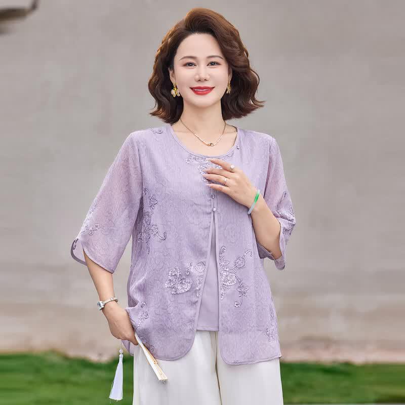 YUZHAOLIN Middle-Aged Women's New Chinese Style Embroidered Faux Two-Piece T-Shirt
