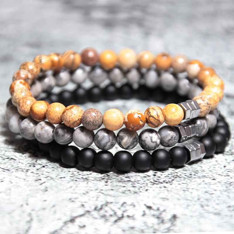 New 3 Styles Beaded Bracelet For Men 6mm Onyx Map Hematite Stone Yoga Meditation Healing Braslet Erkek Bileklik Pulseria Hombre