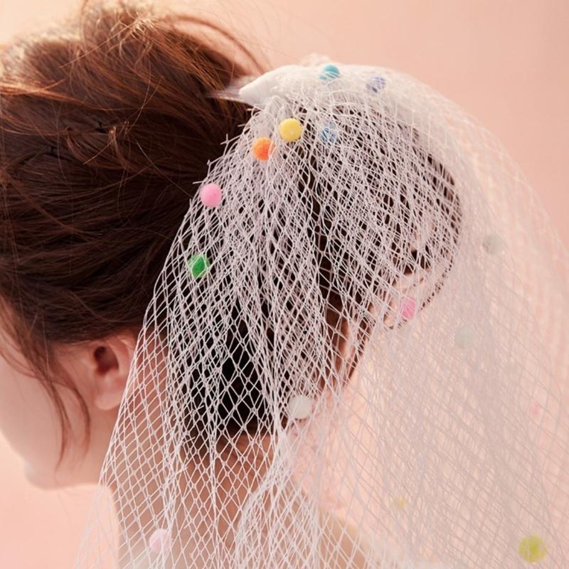 Graceful Bride Lace Veil Women Masquerade Tulle Bachelorette Party Veil with Color Pompoms for Girls Photography