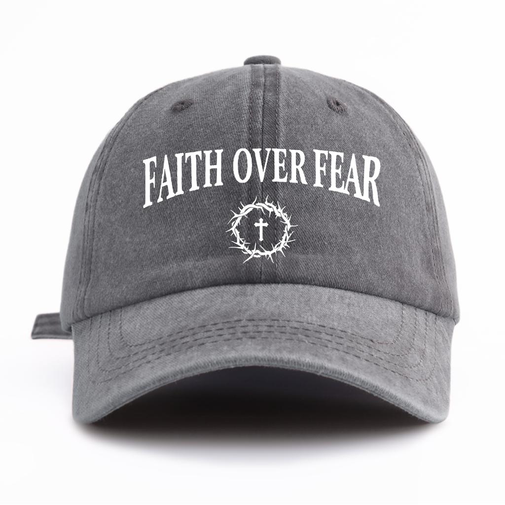 1pc FAITH OVER FEAR Print Washed Baseball Cap for Adults,Minimalist Retro Style Casual Soft Adjustable Dad Hat, Perfect As Gift