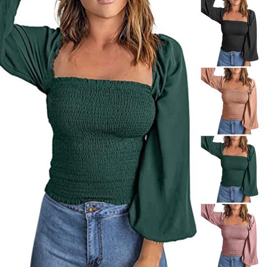 

Женская рубашка с квадратным воротником и рукавами-фонариками с плотной талией и принтом, приталенная посадка