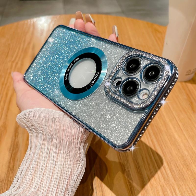 

Для iPhone 14 13 12 Pro Max 11 градиент цвета ромбовидная рамка блестящий противоударный магнитный чехол для телефона Magsafe iPhone 11 синий