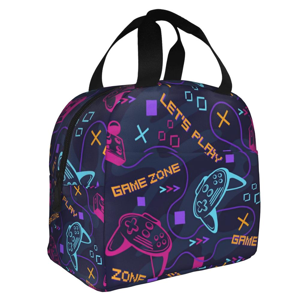 Featuring Neon Game Joystick Controllers Lunch Bag Women Geometric Thermal Cooler Insulated Lunch Boxes for Adult Office