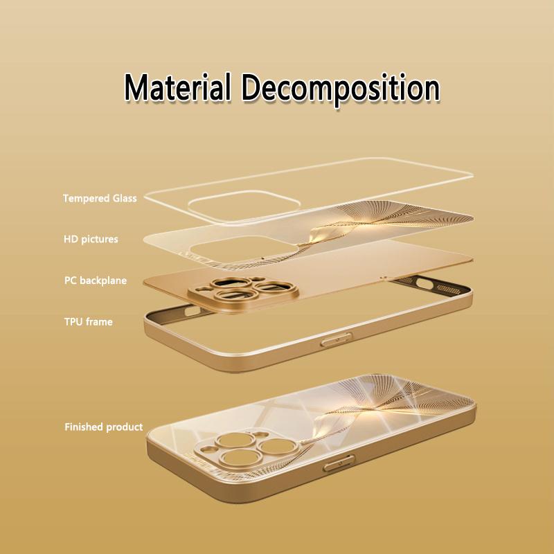 High End Art Gold Wire Texture Pattern Glass Phone Case Suitable for iPhone 17 16 15 14 13 12 11 Pro/Max/Plus Shockproof