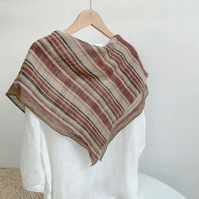 Retro Small Plaid Linen Square Scarf Literary And Versatile Women'S Summer Neck Protection Small Silk Scarf Scarf Accessories