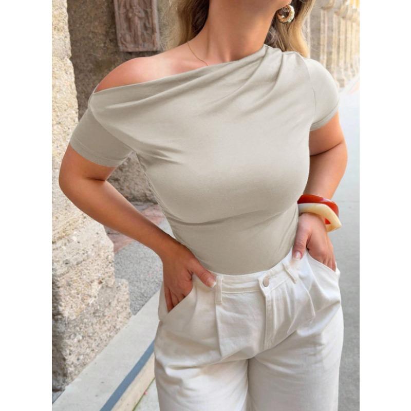 Womens Solid Asymmetrical Off Shoulder Short Sleeve Slim Fit Top